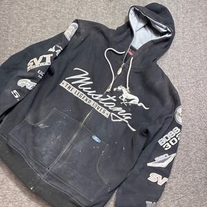 JH Design Ford Mustang Zip Up Hoodie Mens Large Black Embroidered Racing Patches